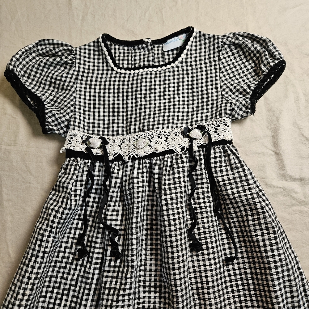 VTG Chantilly Place 6X Black & White Gingham Checkered Lace‎ Trim Long Dress